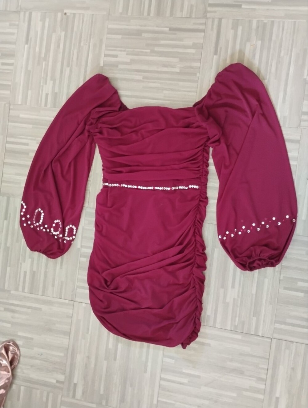Long Sleeved Ruched Wine colored Dress with Sequin Waist